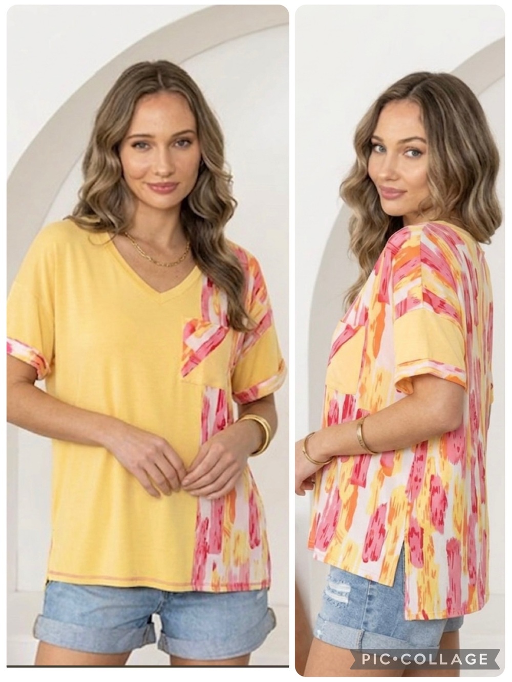Sew in Love Yellow Coral Geo Print Short Sleeve V-neck T-Shirt Top S Relaxed